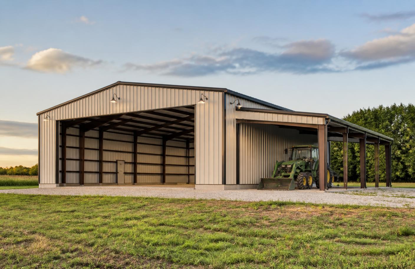 Metal workshop building with a roll-up door and side lean-to