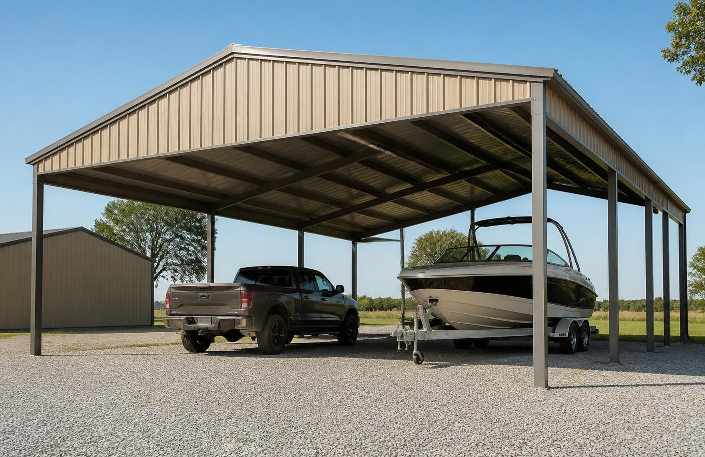 Tan metal carport covering a pickup truck and a boat on a trailer