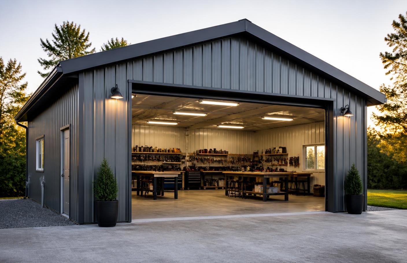 Gray metal garage with an open roll-up door showing a workshop inside